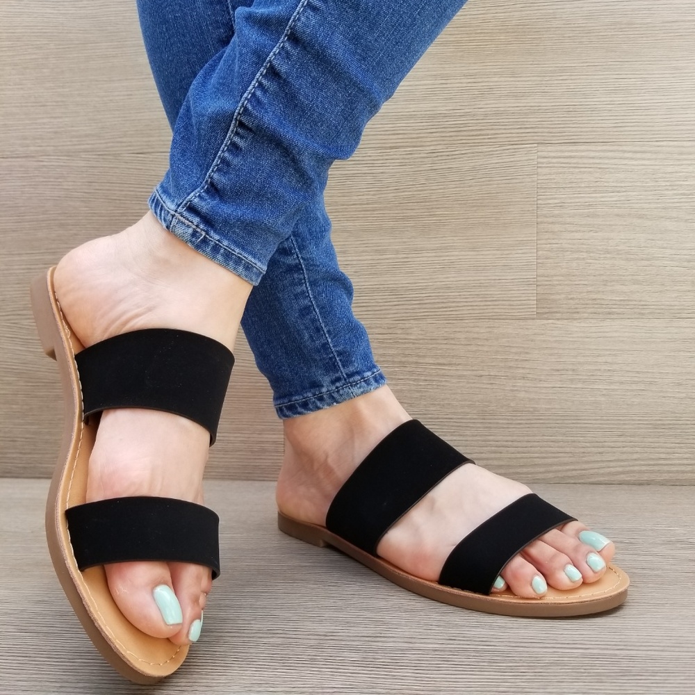 Slip On 2 Strap Flat slider Sandal Black Velvet-C - Picture 2 of 8
